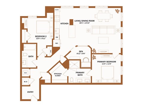 A floor plan of a house with a living room, kitchen, and two bedrooms.